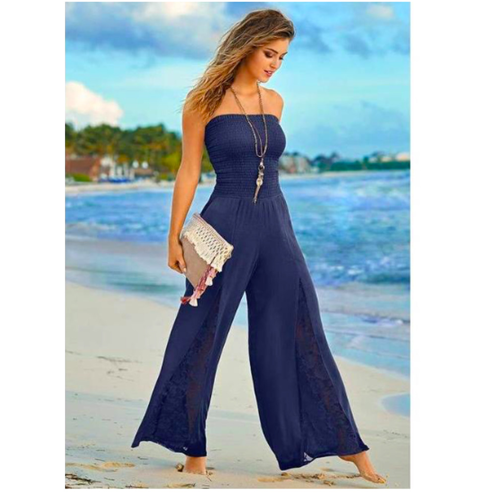 Venus Blue Bandeau Lace Inset Smocked Jumpsuit Blue Sleeveless Size XL